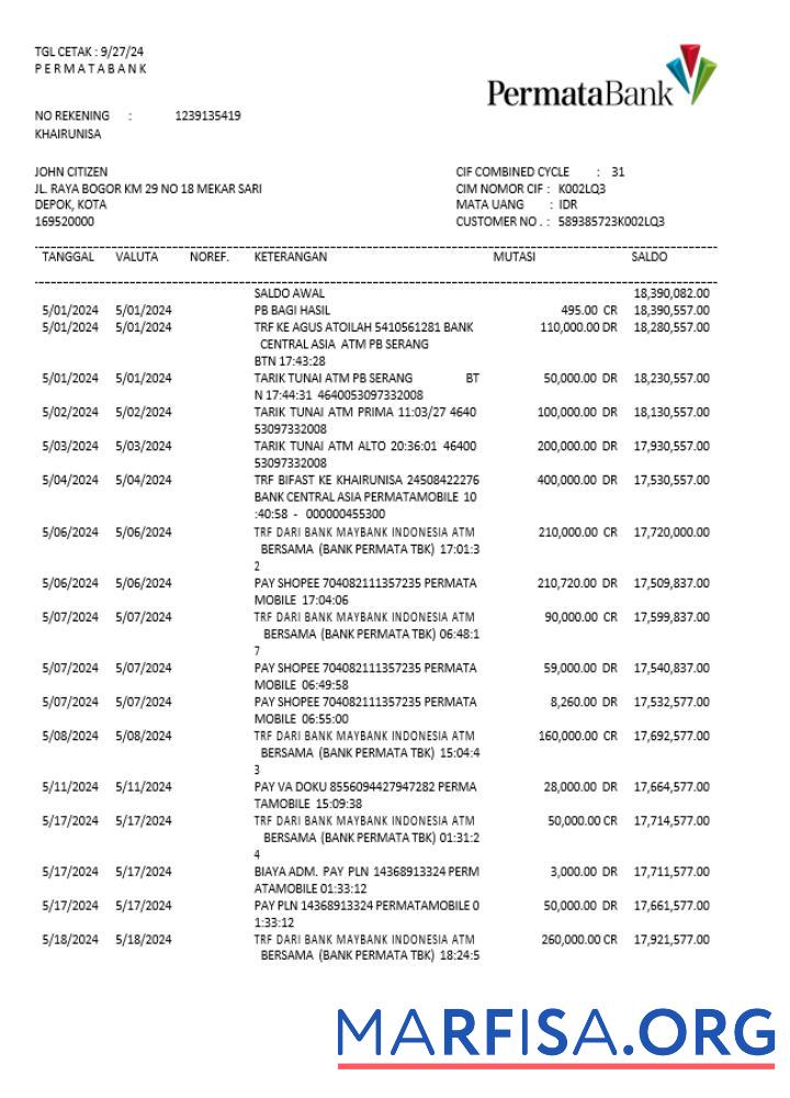 Realistic Indonesia Permatabank statement word real example